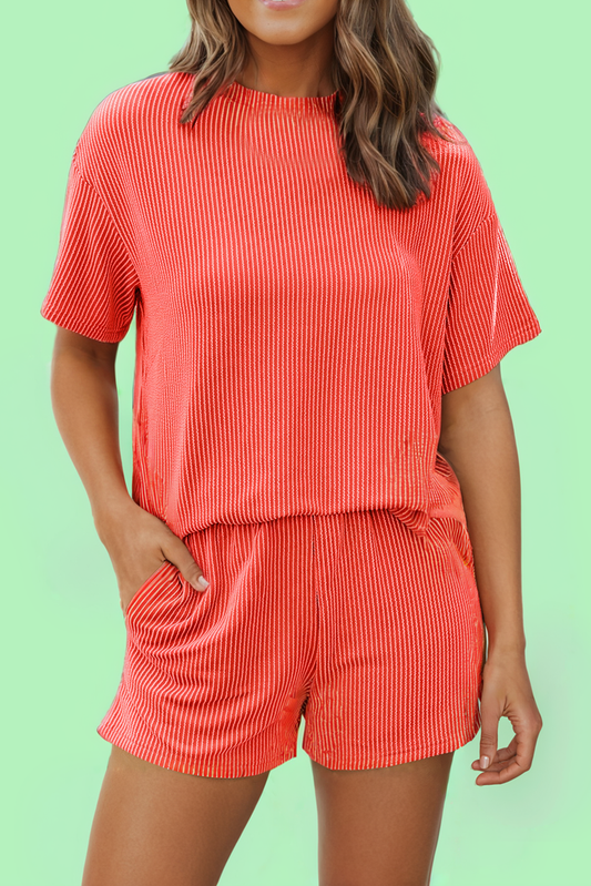 Ribbed Textured Knit Loose Fit Tee and Shorts Set: Orange / Missy / L