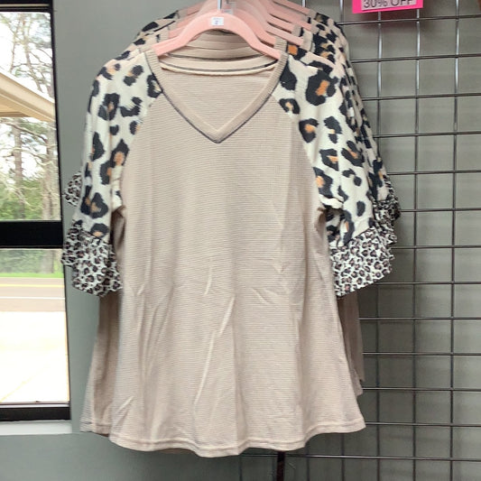 Womens shirt leopard colorblock waffle knit